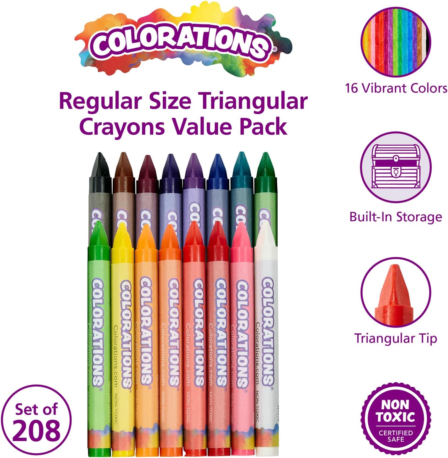 Colorations Regular Size Triangular Crayon Classroom Pack, 16 Colors | 13 of Each, Set of 208, Easy-Grip Non-Toxic Crayons for Kids, School Supplies, Classroom Must-Haves